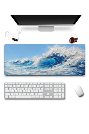 SonicTouch Klavye Mousepad 40x90cm Dikişsiz Pürüzsüz Sıvı Geçirmez Kaymaz Taban Turkuaz Dalgalar
