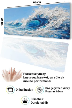 SonicTouch Klavye Mousepad 40x90cm Dikişsiz Pürüzsüz Sıvı Geçirmez Kaymaz Taban Turkuaz Dalgalar