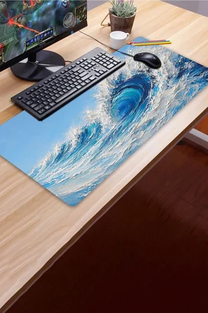 SonicTouch Klavye Mousepad 40x90cm Dikişsiz Pürüzsüz Sıvı Geçirmez Kaymaz Taban Turkuaz Dalgalar