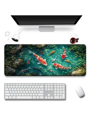 SonicTouch Klavye Mousepad 40x90cm Dikişsiz Pürüzsüz Sıvı Geçirmez Kaymaz Taban Turkuaz Koi Gölü