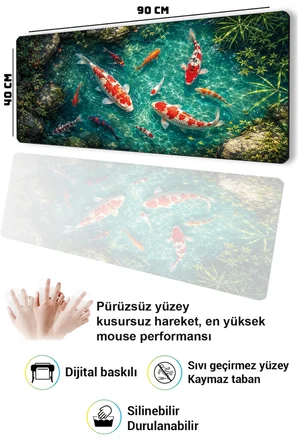 SonicTouch Klavye Mousepad 40x90cm Dikişsiz Pürüzsüz Sıvı Geçirmez Kaymaz Taban Turkuaz Koi Gölü