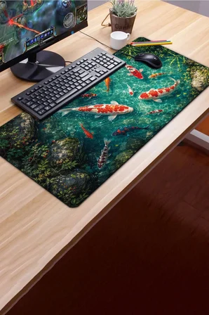 SonicTouch Klavye Mousepad 40x90cm Dikişsiz Pürüzsüz Sıvı Geçirmez Kaymaz Taban Turkuaz Koi Gölü