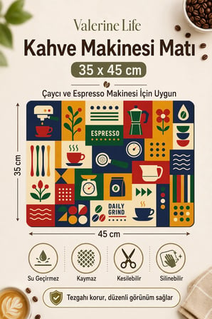 Valerine Life Kahve Espresso Makinesi Matı 35x45cm Çaycı Pad Su Geçirmez Geometrik Barista Blokları