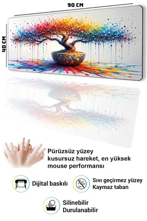 SonicTouch Klavye Mousepad 40x90cm Dikişsiz Pürüzsüz Sıvı Geçirmez Kaymaz Taban Renkli Hayat Ağacı