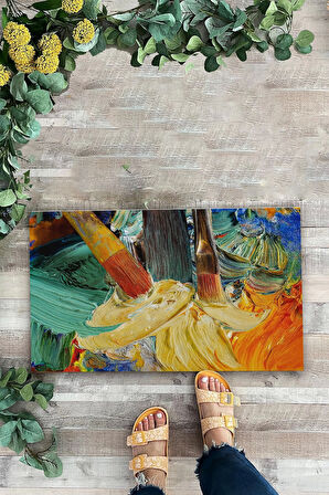 Valerine Life Renkli Yağlı Boya Tuvali Fırça Figürlü Welcome Hoş Geldiniz Kapı Önü Paspası 45x70cm