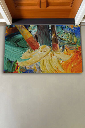Valerine Life Renkli Yağlı Boya Tuvali Fırça Figürlü Welcome Hoş Geldiniz Kapı Önü Paspası 45x70cm