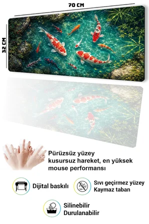 SonicTouch Klavye Mousepad 32x70cm Dikişsiz Pürüzsüz Sıvı Geçirmez Kaymaz Taban Turkuaz Koi Gölü