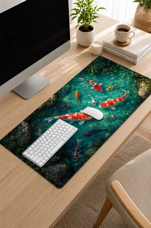 SonicTouch Klavye Mousepad 32x70cm Dikişsiz Pürüzsüz Sıvı Geçirmez Kaymaz Taban Turkuaz Koi Gölü