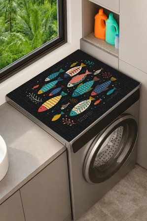 Valerine Life Çamaşır Kurutma Makinesi Üstü Düzenleyici Matı Sıvı Geçirmez Örtü Renkli Balık Sürüsü