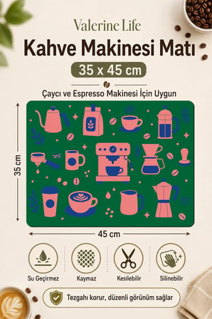 Valerine Life Kahve Espresso Makinesi Matı 35x45cm Çaycı Pad Su Geçirmez Zümrüt Pop Café