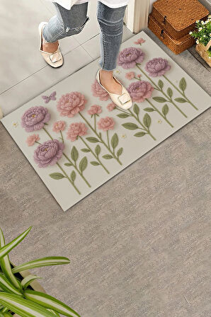 Valerine Life Nakışlı Şakayık Çiçeklerİ Welcome Hoş Geldiniz Dijital Baskı Kapı Önü Paspası 45x70cm
