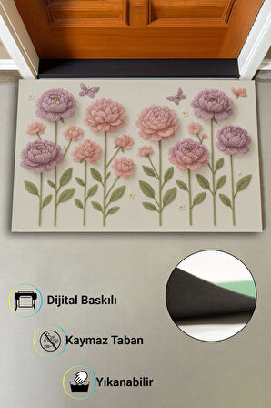 Valerine Life Nakışlı Şakayık Çiçeklerİ Welcome Hoş Geldiniz Dijital Baskı Kapı Önü Paspası 45x70cm