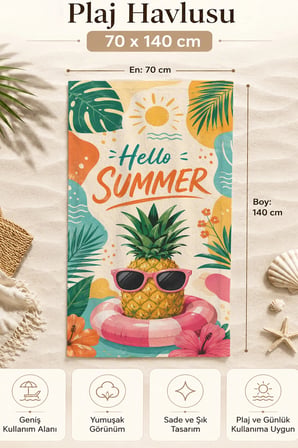 Valerine Life Plaj Havlusu 70x140cm Havuz Spa Sauna Spor Pamuklu Emici Hello Ananas