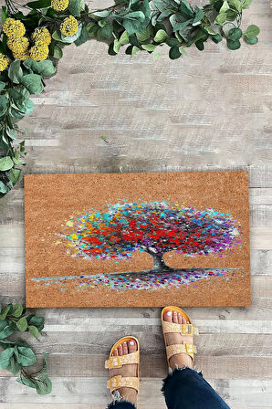Valerine Life Renkli Yaşam Ağacı Kahverengi Welcome Hoş Geldiniz Kapı Önü Paspası 45x70cm