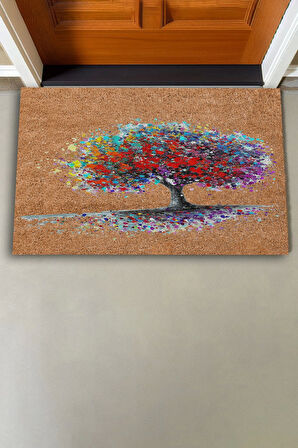 Valerine Life Renkli Yaşam Ağacı Kahverengi Welcome Hoş Geldiniz Kapı Önü Paspası 45x70cm