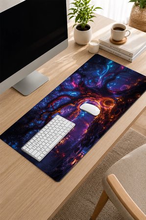 SonicTouch Klavye Mousepad 32x70cm Dikişsiz Pürüzsüz Sıvı Geçirmez Kaymaz Taban Neon Hayat Ağacı