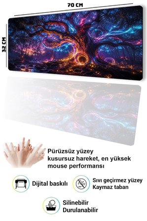 SonicTouch Klavye Mousepad 32x70cm Dikişsiz Pürüzsüz Sıvı Geçirmez Kaymaz Taban Neon Hayat Ağacı