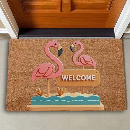 Valerine Life Pembe Flamingo Çifti Welcome Kapı Önü Paspası 45x70cm