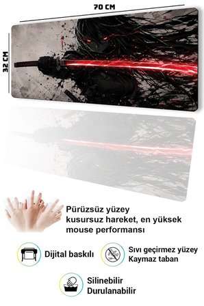SonicTouch Klavye Mousepad 32x70cm Dikişsiz Pürüzsüz Sıvı Geçirmez Kaymaz Taban Kızıl Katana