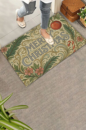 Valerine Life Çiçek Süslemeli Krem Merry Christmas Welcome Hoş Geldiniz Kapı Önü Paspası 45x70cm