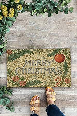 Valerine Life Çiçek Süslemeli Krem Merry Christmas Welcome Hoş Geldiniz Kapı Önü Paspası 45x70cm