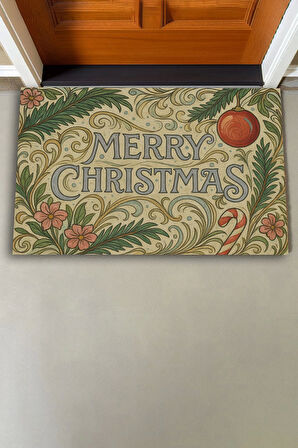 Valerine Life Çiçek Süslemeli Krem Merry Christmas Welcome Hoş Geldiniz Kapı Önü Paspası 45x70cm