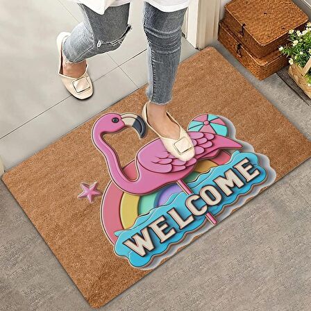 Valerine Life Gökkuşağı ve Flamingo Welcome Kapı Önü Paspası 45x70cm