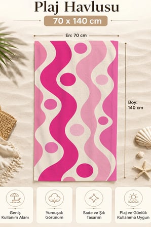 Valerine Life Plaj Havlusu 70x140cm Havuz Spa Sauna Spor Pamuklu Emici Pembe Dalgalar