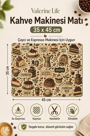 Valerine Life Kahve Espresso Makinesi Matı 35x45cm Çaycı Pad Su Geçirmez Cake & Coffee