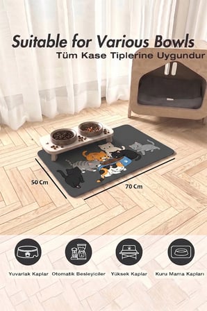 MAtGo Pati Kedi Köpek Beslenme Matı 50x70cm Kedi Sofrası Su Geçirmez Kaymaz Mama Kabı Altlığı Paspas