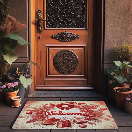 Valerine Life Kırmızı Noel Kapı Süsü Temalı Welcome Kapı Önü Paspası 45x70cm
