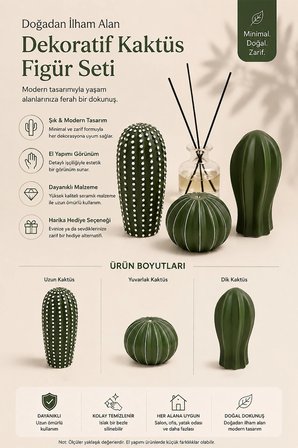 Valerine Life Oasis 3’lü Kaktüs Dekoratif Biblo Vazo Seti Salon Konsol Masaüstü Ev Aksesuarı