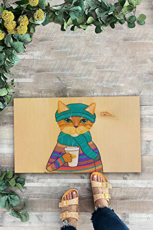 Valerine Life Kedilatte Parke Desenli Krem Rengi Welcome Hoş Geldiniz Kapı Önü Paspası 45x70cm