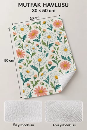 Valerine Life El Kurulama Havlusu 30x50cm Mutfak, Fırın için Pamuklu Emici Papatya Tarlası