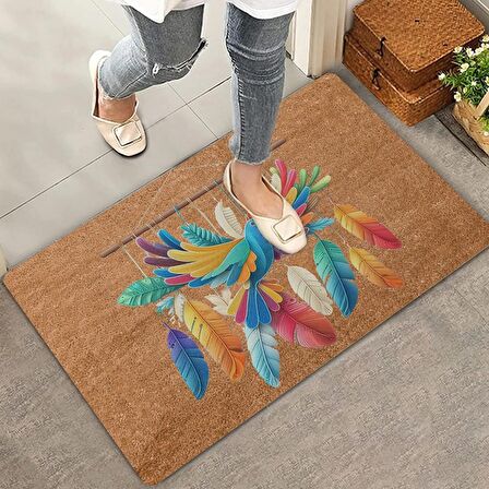 Valerine Life Nakış Desenli Kuş ve Renkli Tüyler Welcome Kapı Önü Paspası 45x70cm
