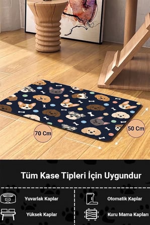 MAtGo Pati Kedi Köpek Beslenme Matı 50x70cm Yumaklı Köpek Su Geçirmez Mama Kabı Altlığı Paspası