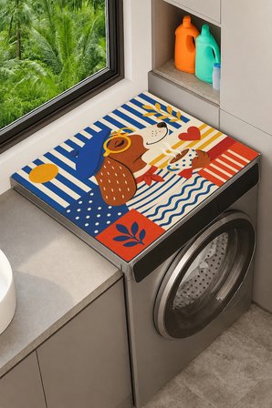 Valerine Life Çamaşır Kurutma Makinesi Üstü Düzenleyici Matı Örtü Retro Köpek Çay Saati