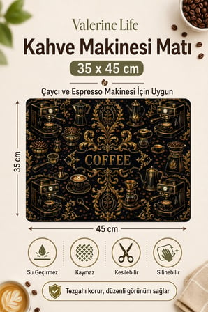 Valerine Life Kahve Espresso Makinesi Matı 35x45cm Çaycı Pad Su Geçirmez Golden Coffee