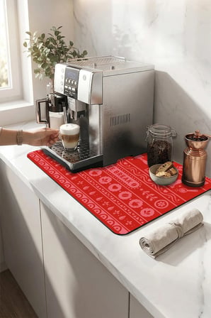 Valerine Life Kahve Espresso Makinesi Matı 35x45cm Çaycı Pad Su Geçirmez Kırmızı Kahve Şeritleri