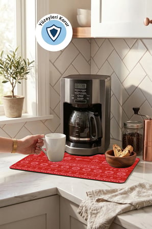Valerine Life Kahve Espresso Makinesi Matı 35x45cm Çaycı Pad Su Geçirmez Kırmızı Kahve Şeritleri