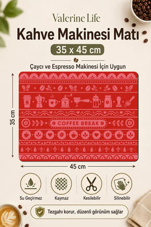 Valerine Life Kahve Espresso Makinesi Matı 35x45cm Çaycı Pad Su Geçirmez Kırmızı Kahve Şeritleri