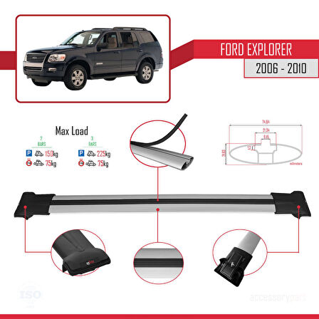 Ford Explorer 2006-2010 Arası ile Uyumlu FLY Model Ara Atkı Tavan Barı Gri 2 Adet