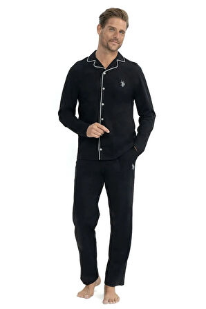 U.S. Polo Assn. 12039 Erkek Siyah Uzun Kollu Önden Düğmeli Gömlek Pijama Takım