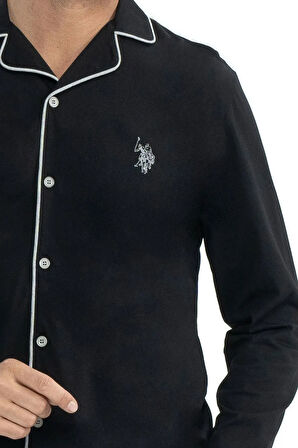 U.S. Polo Assn. 12039 Erkek Siyah Uzun Kollu Önden Düğmeli Gömlek Pijama Takım