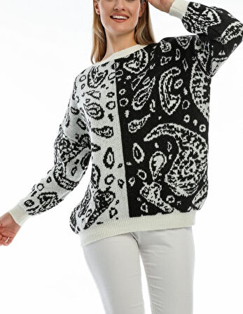 Kadın Oversize Şal Desen Bisiklet Yaka  Kazak Siyah Beyaz