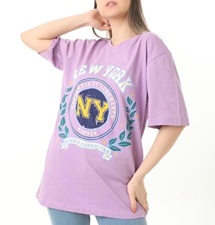 Mor Newyork Baskılı Oversize Tshirt