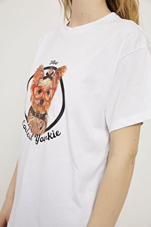 Gözlüklü Köpek Baskılı TShirt Beyaz