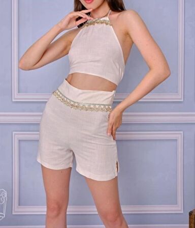 Keten Boyundan Bağlamalı Crop Bluz Şort Takım