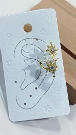 Kadın Earcuff Sıkıştırmalı Çelik Zirkon Taşlı İncili Altın Renk Küpe