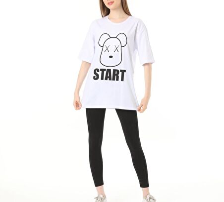 Beyaz Start Baskılı Oversize  Tshirt